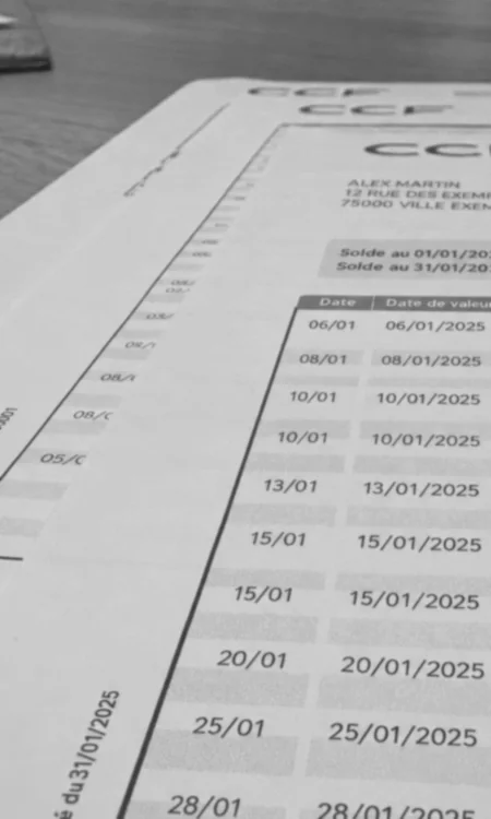 Relevés de compte spécimen posés sur une table