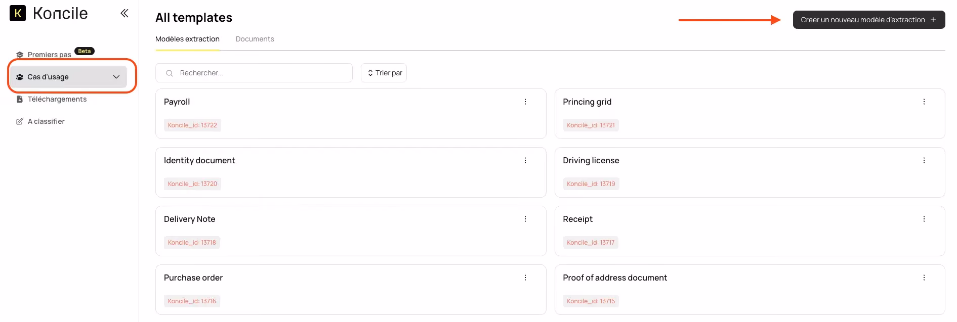 Modèle OCR Koncile, OCR IA, créer modèle extraction, OCR personnalisé, outil OCR document, interface OCR no-code, OCR API, OCR image PDF, OCR champ personnalisé, automatisation OCR. Capture montrant l’accès à l’onglet “Cas d’usage” dans Koncile.ai pour créer un nouveau modèle d’extraction de texte.
