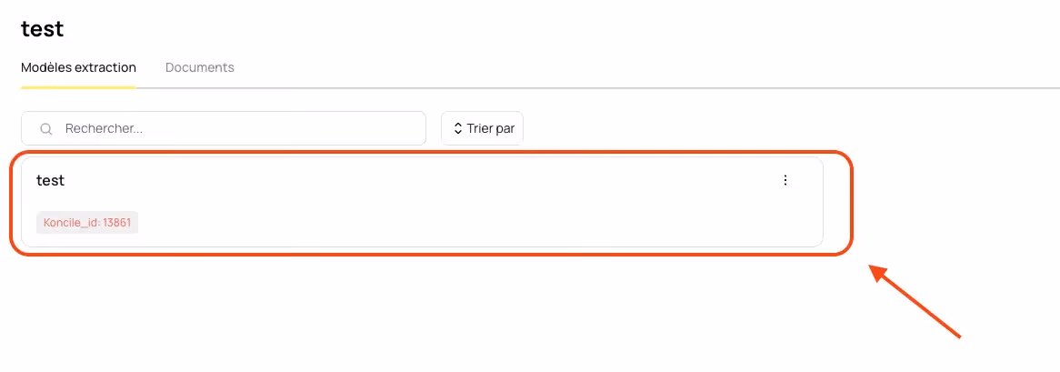 Accès modèle OCR, OCR IA, OCR documents image, interface Koncile, automatisation OCR, reconnaissance optique de caractères, OCR avec SDK, OCR JSON, OCR entreprise, outil no-code OCR. Visuel montrant la sélection d’un modèle d’extraction dans la liste de l’espace Koncile.ai.