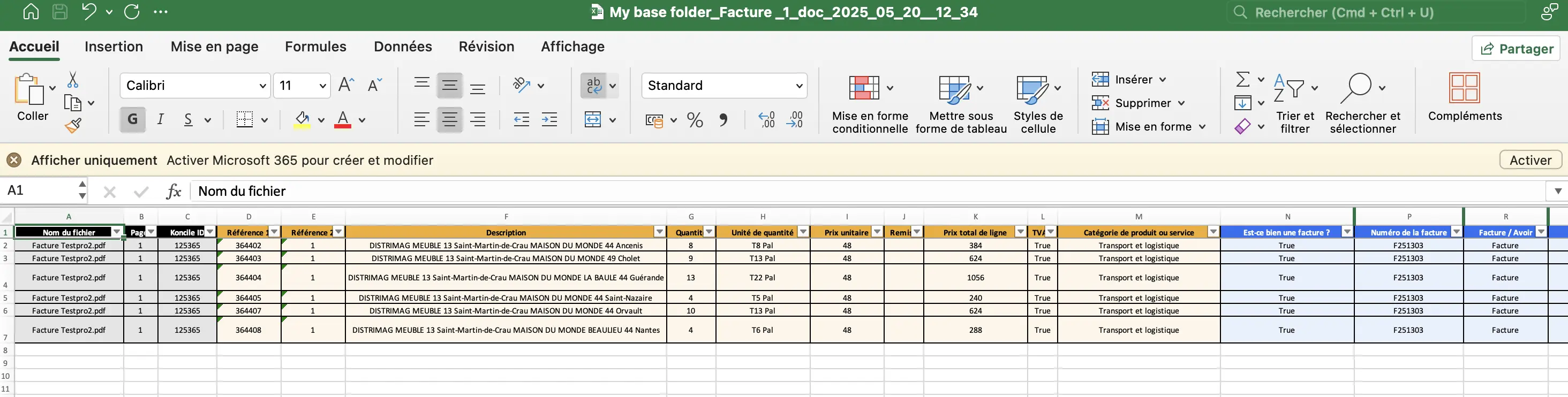 données en Excel