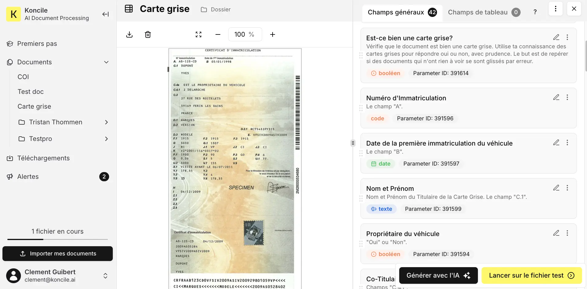 Utilisation ocr koncile document Carte grise numérique ou autre