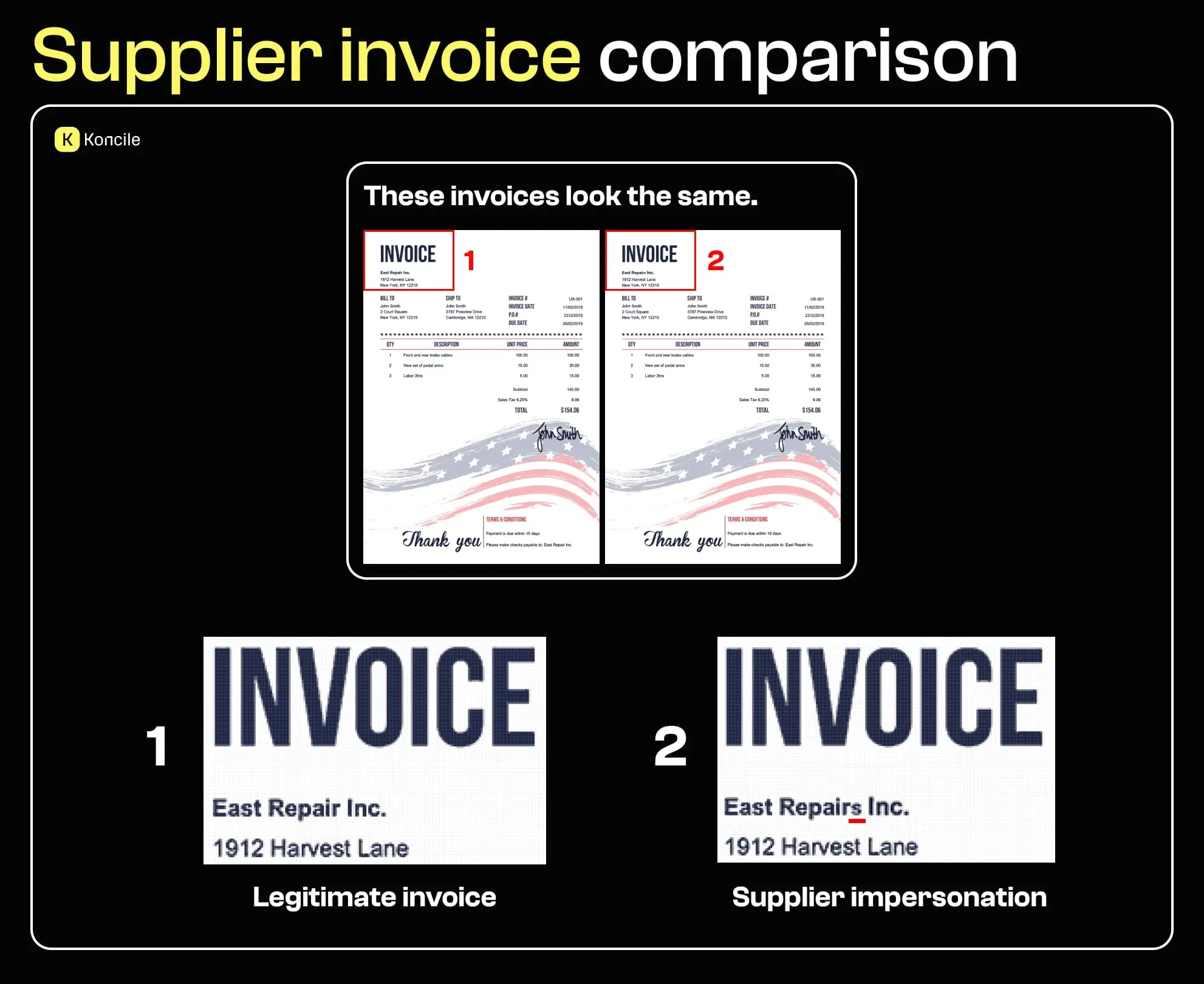 Comparison between a legitimate invoice and a supplier impersonation invoice, showing subtle differences in the supplier name that reveal invoice fraud.
