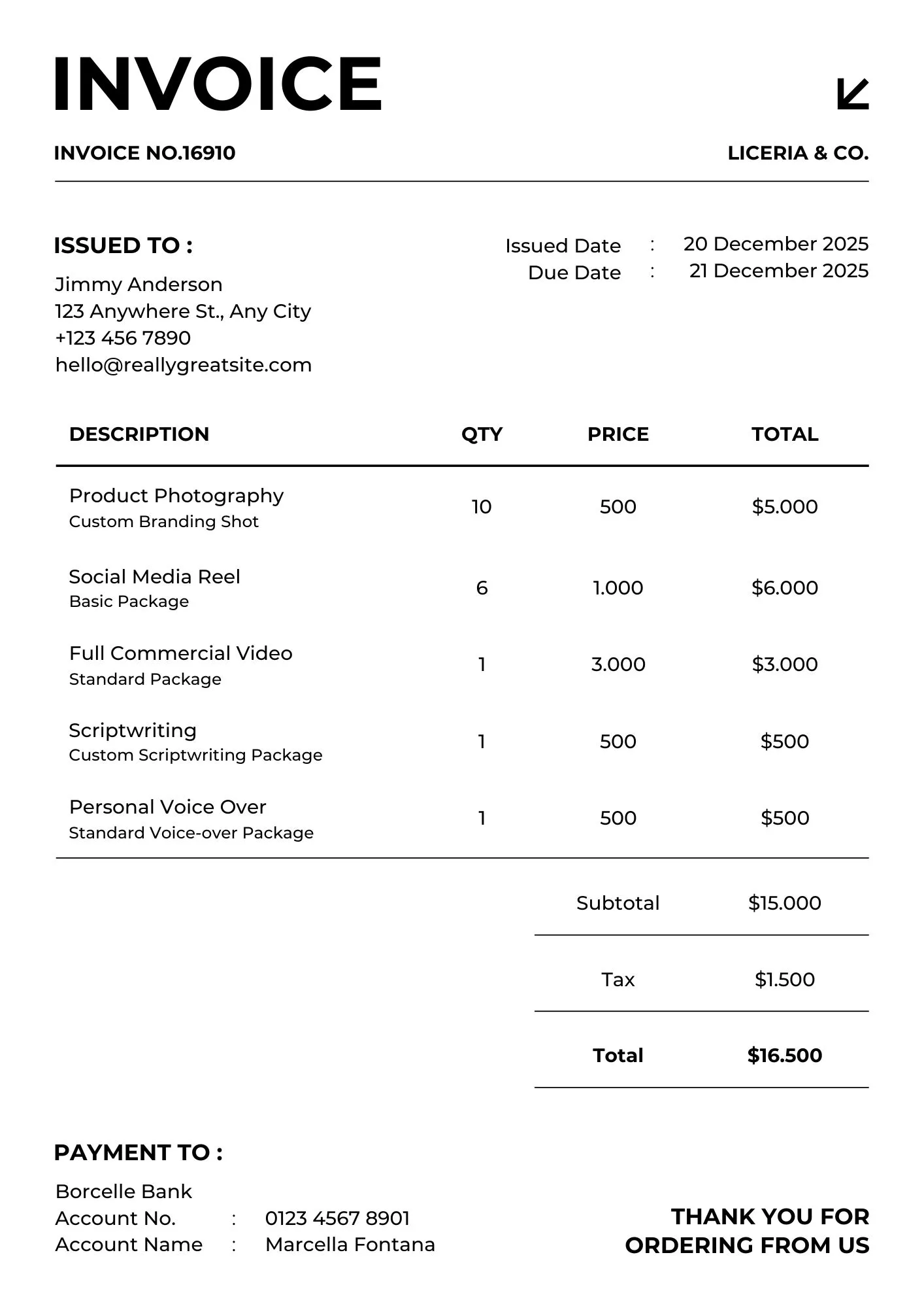 Test document 1 used for amount modification detection. A simple US-format invoice with multiple product lines.