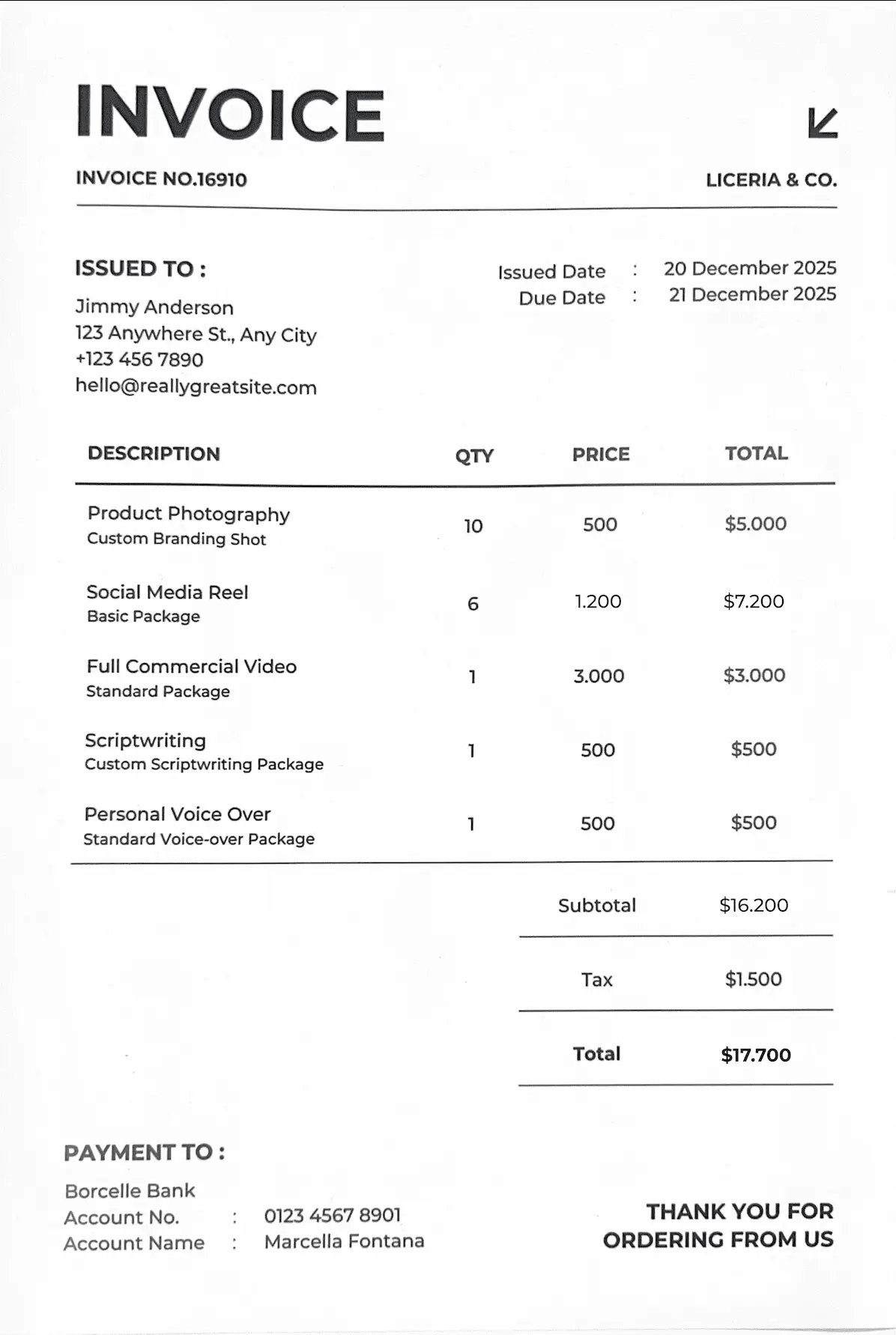 Test document 1 modified for test case 1 with a typography change applied to the invoice amount.