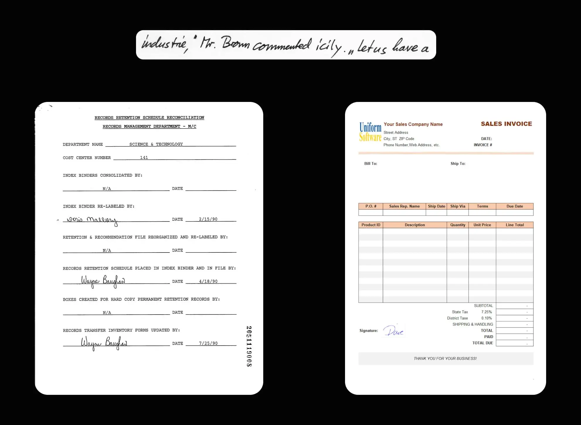 Image composite montrant la phrase manuscrite IAM « Mr. Brown commented icily », un formulaire FUNSD avec les noms Dario Mallory et Wayne Baughan, et une facture avec la signature manuscrite « Dave » utilisés pour les tests OCR