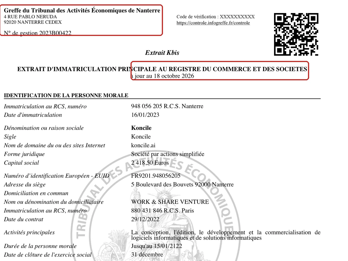 En-tête d'un extrait Kbis : greffe émetteur, numéro de gestion et date de mise à jour