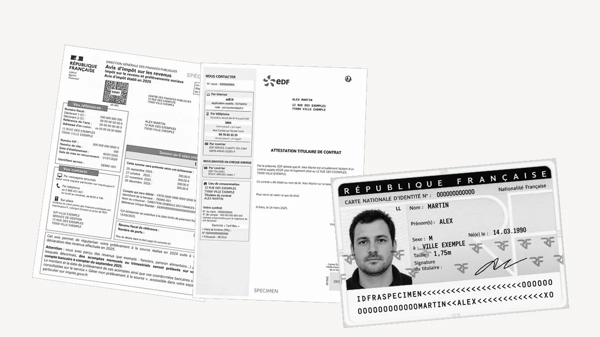 Un dossier KYC : carte d'identité, justificatif de domicile et avis d'imposition anonymisés