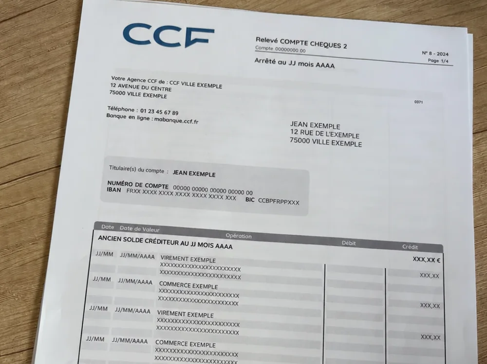 Relevé CCF anonymisé analysé par Koncile : score de fraude 82 sur 100, génération par IA détectée