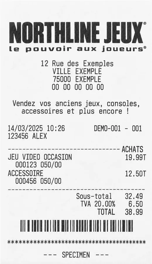 Ticket de caisse spécimen analysé par Koncile : pastille IA détectée, score de fraude 82 sur 100