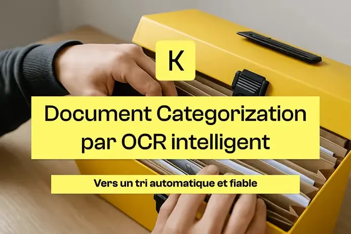 Gros plan sur des mains triant des dossiers dans une boîte de classement jaune. Un texte en surimpression indique : « Classification documentaire avec OCR intelligent, Vers un tri automatisé et fiable », accompagné d’un encadré jaune avec la lettre « K », représentant la solution Koncile de traitement intelligent de documents.