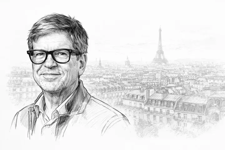 Portrait illustré de Yann LeCun au crayon, avec un arrière-plan coloré représentant la ville de Paris dessinée de manière artistique et discrète.