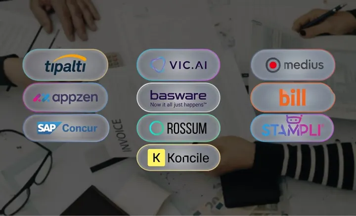 Présentation stylisée des logos des 10 plateformes d'automatisation comptabilité fournisseurs (Koncile, Tipalti, Stampli, AppZen, BILL, Medius, Basware, Rossum, SAP Concur, Vic.ai)