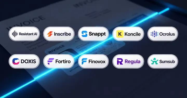 Présentation stylisée des 10 solutions de détection de fraude documentaire comparées dans l'article (Koncile, Inscribe, Resistant AI, Klippa, Nanonets, Onfido, Jumio, Mitek, ComplyCube, Socure)